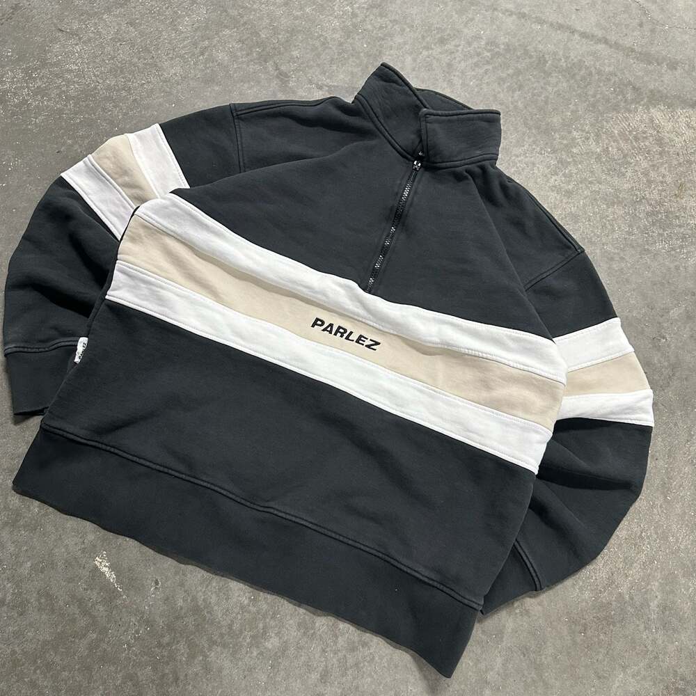 Parlez Black Half Zip Sweatshirt with White and Tan Stripe Panel size M